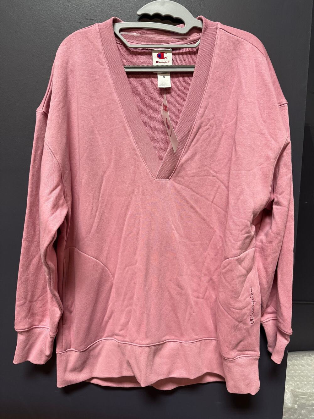 Ladies Champion Pink Long Sleeve V-Neck Oversized Tunic Pullover - Small